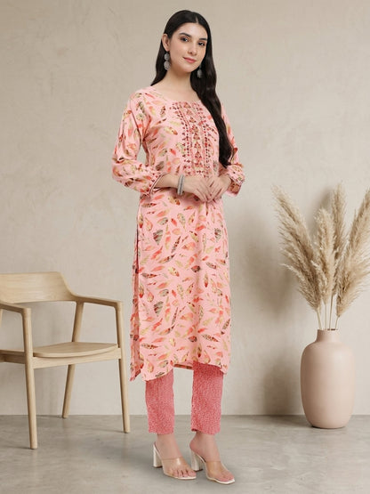 Peach Printed Straight Kurta Set with Matching Dupatta and Pants