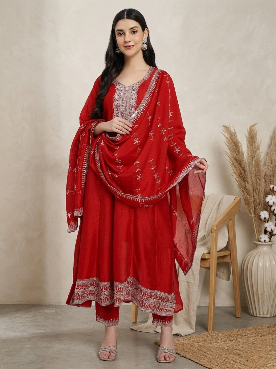Graceful Dark Pink Embroidered Kurta Set with Dupatta – A Timeless Festive Look