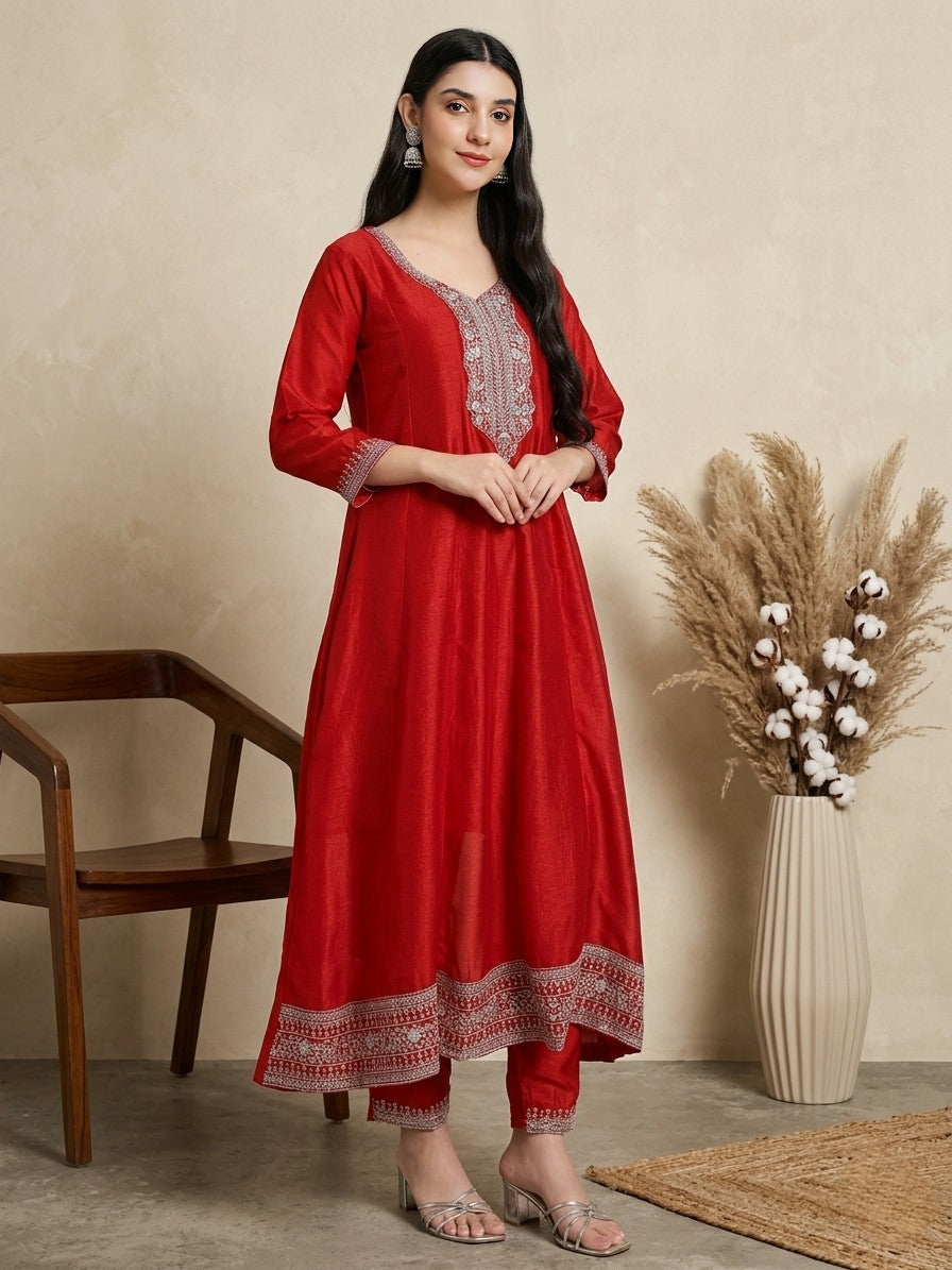 Graceful Dark Pink Embroidered Kurta Set with Dupatta – A Timeless Festive Look