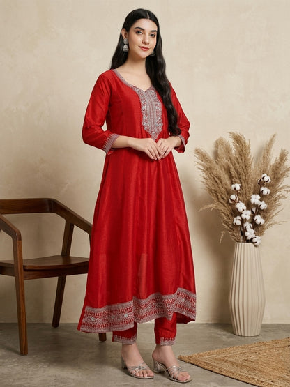 Graceful Dark Pink Embroidered Kurta Set with Dupatta – A Timeless Festive Look