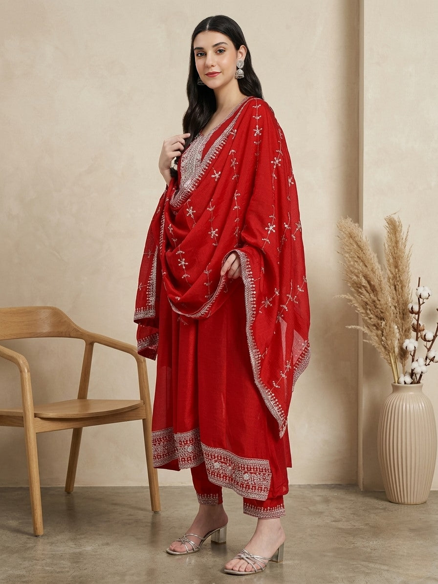 Graceful Dark Pink Embroidered Kurta Set with Dupatta – A Timeless Festive Look