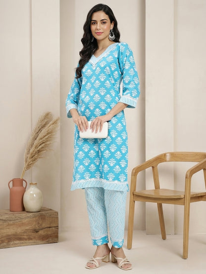 Sky Blue Printed Cotton Kurta with Matching Straight Pants