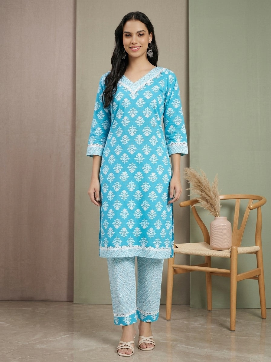 Sky Blue Printed Cotton Kurta with Matching Straight Pants
