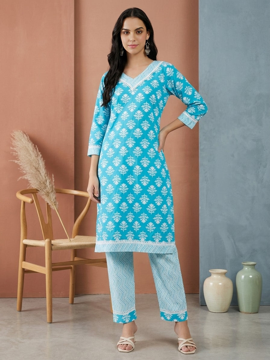 Sky Blue Printed Cotton Kurta with Matching Straight Pants