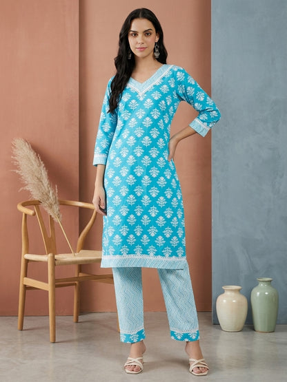 Sky Blue Printed Cotton Kurta with Matching Straight Pants