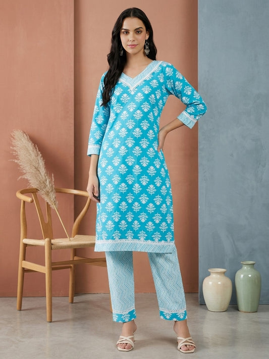 Sky Blue Printed Cotton Kurta with Matching Straight Pants
