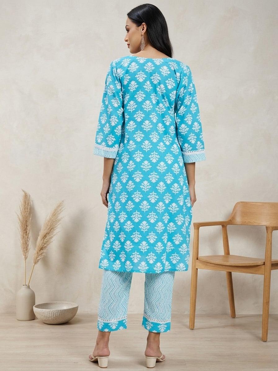 Sky Blue Printed Cotton Kurta with Matching Straight Pants