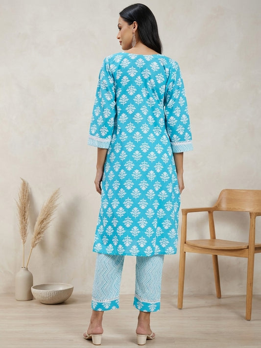 Sky Blue Printed Cotton Kurta with Matching Straight Pants