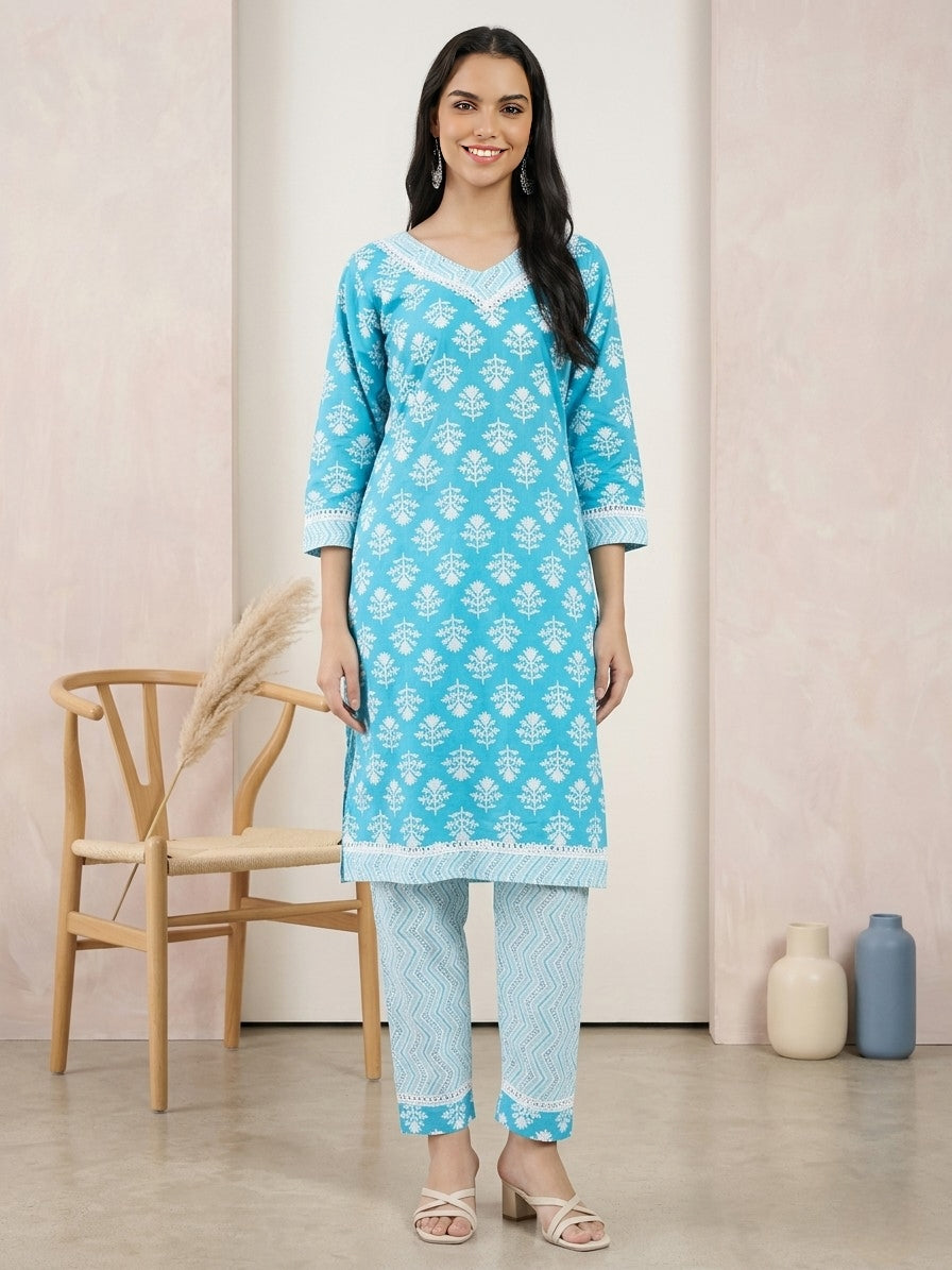 Sky Blue Printed Cotton Kurta with Matching Straight Pants