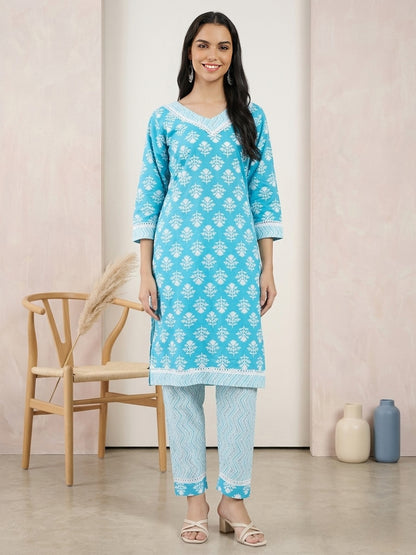 Sky Blue Printed Cotton Kurta with Matching Straight Pants
