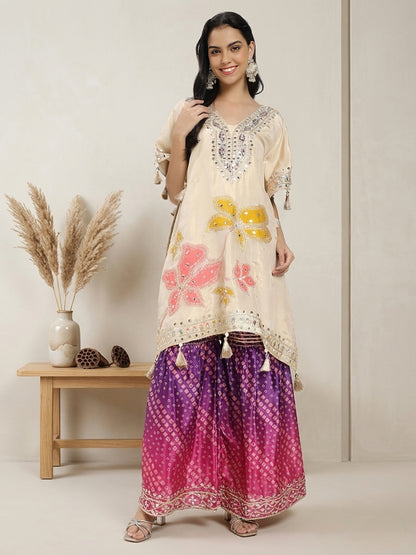 Embroidered Cream Kaftan Kurta with Bandhani Printed Palazzo & Mirror Work Detailing