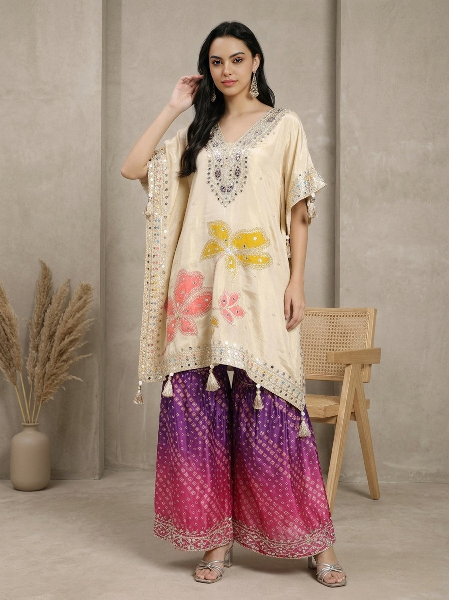 Embroidered Cream Kaftan Kurta with Bandhani Printed Palazzo & Mirror Work Detailing