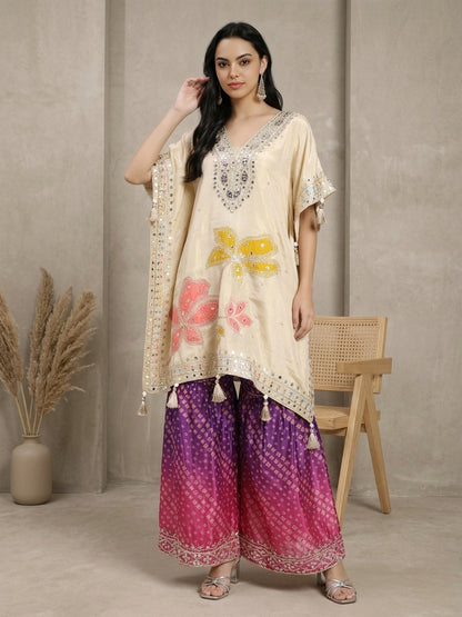 Embroidered Cream Kaftan Kurta with Bandhani Printed Palazzo & Mirror Work Detailing