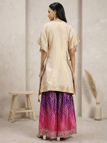 Embroidered Cream Kaftan Kurta with Bandhani Printed Palazzo & Mirror Work Detailing