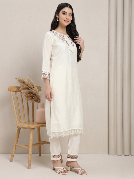 Silk blend Off-White Embroidered Straight Suit Set with Floral Dupatta