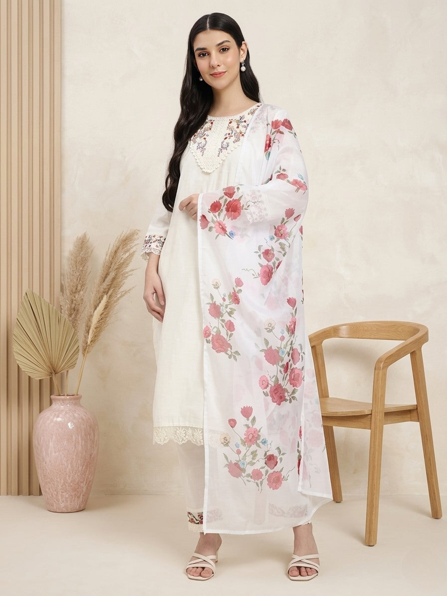 Silk blend Off-White Embroidered Straight Suit Set with Floral Dupatta