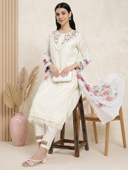 Silk blend Off-White Embroidered Straight Suit Set with Floral Dupatta