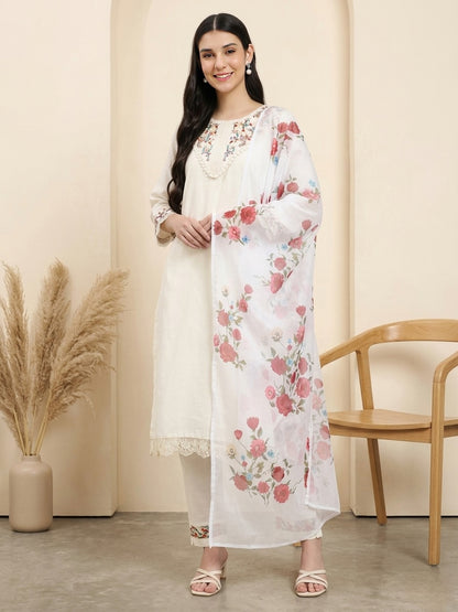 Silk blend Off-White Embroidered Straight Suit Set with Floral Dupatta