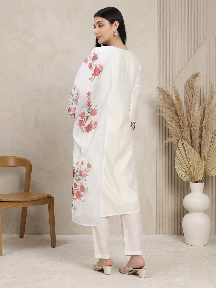 Silk blend Off-White Embroidered Straight Suit Set with Floral Dupatta