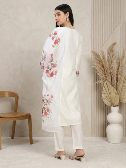 Silk blend Off-White Embroidered Straight Suit Set with Floral Dupatta