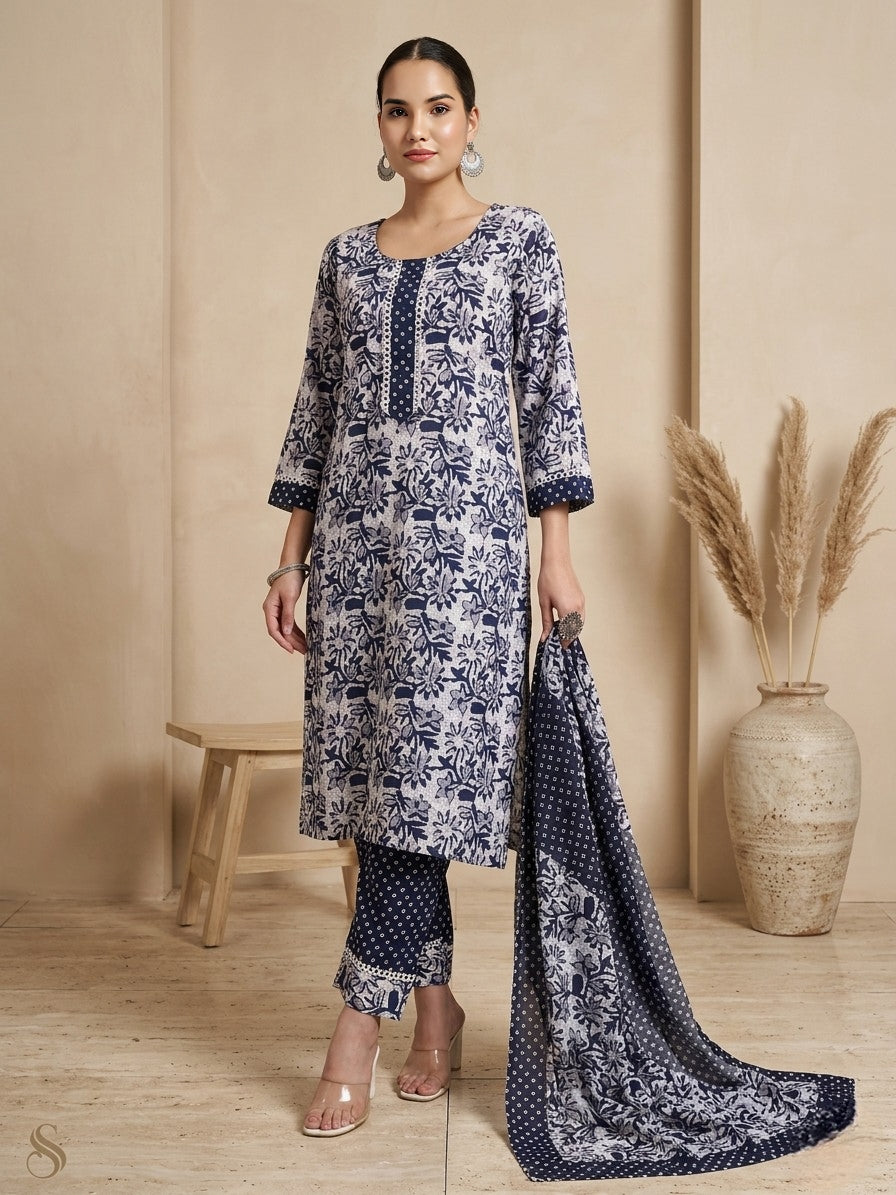 Navy Blue & White Cotton Printed Kurta Pant Dupatta Set