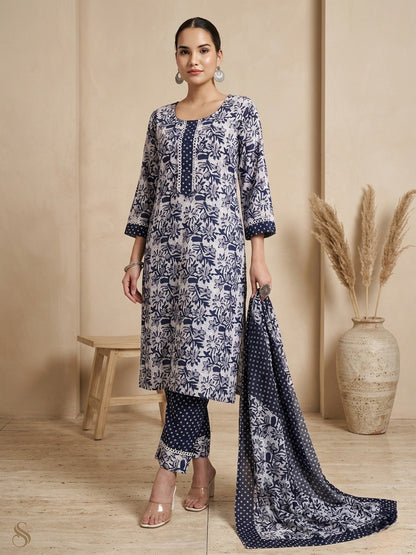 Navy Blue & White Cotton Printed Kurta Pant Dupatta Set