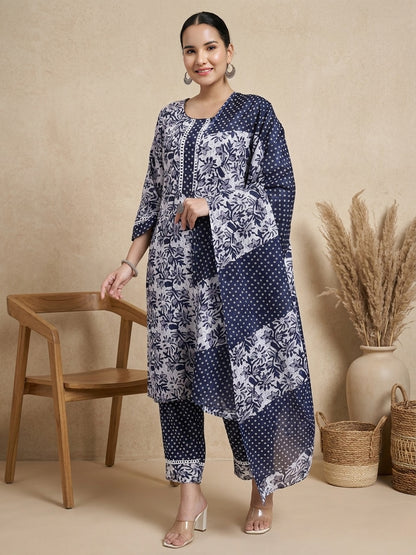 Navy Blue & White Cotton Printed Kurta Pant Dupatta Set