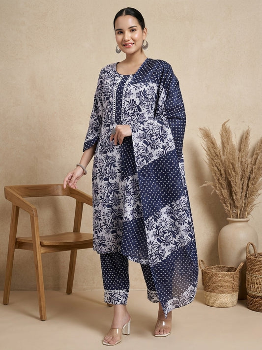 Navy Blue & White Cotton Printed Kurta Pant Dupatta Set