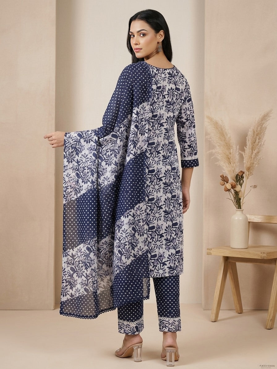 Navy Blue & White Cotton Printed Kurta Pant Dupatta Set