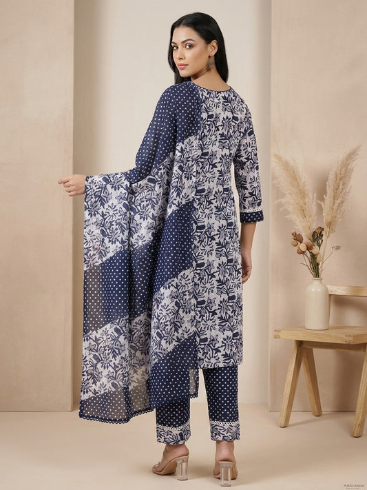 Navy Blue & White Cotton Printed Kurta Pant Dupatta Set