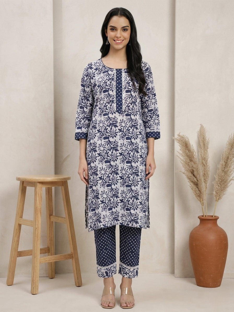 Navy Blue & White Cotton Printed Kurta Pant Dupatta Set