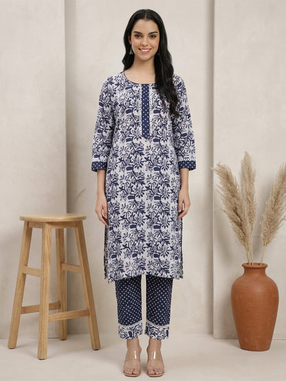 Navy Blue & White Cotton Printed Kurta Pant Dupatta Set