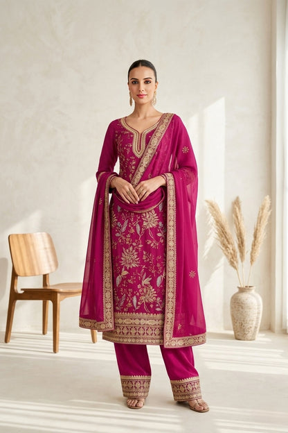 Magenta Embroidered & Chinon Straight Suit Set