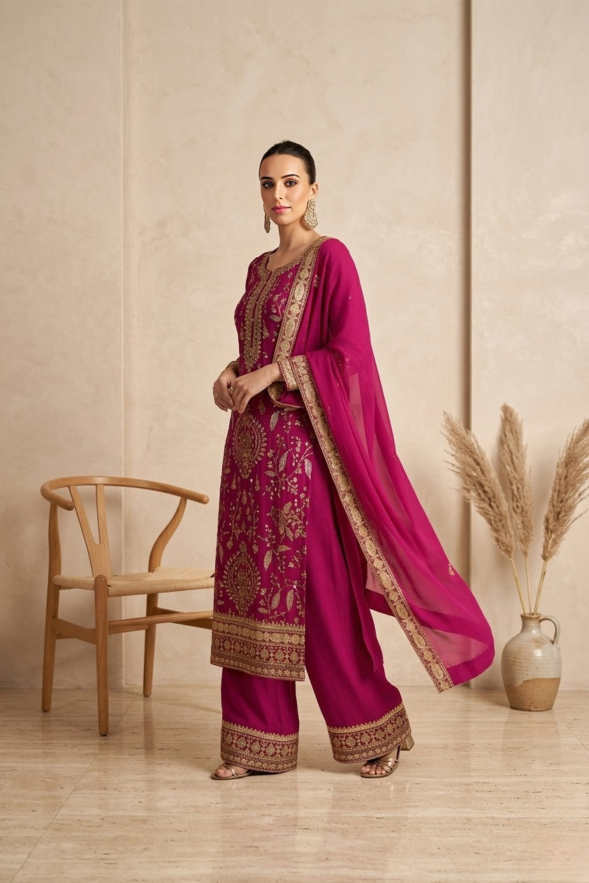 Magenta Embroidered & Chinon Straight Suit Set