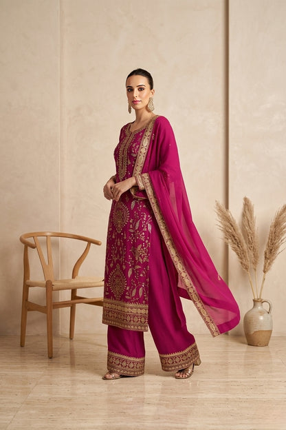 Magenta Embroidered & Chinon Straight Suit Set