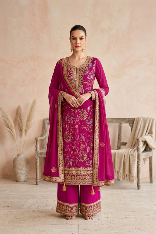 Magenta Embroidered & Chinon Straight Suit Set