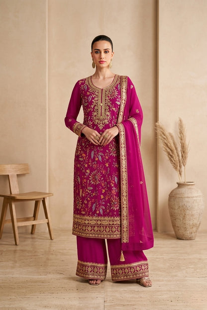 Magenta Embroidered & Chinon Straight Suit Set