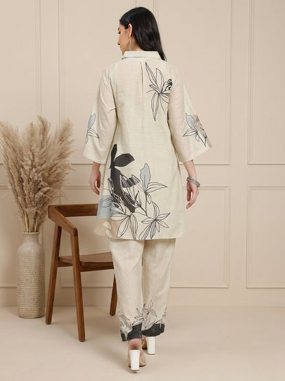 Beige Printed Co-ord Set with Abstract Floral Design