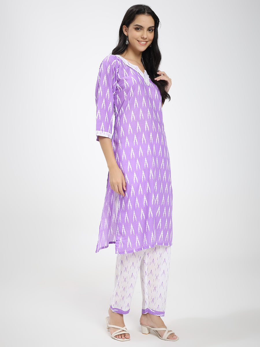 Lavender & White Cotton Ikat Printed Suit Set