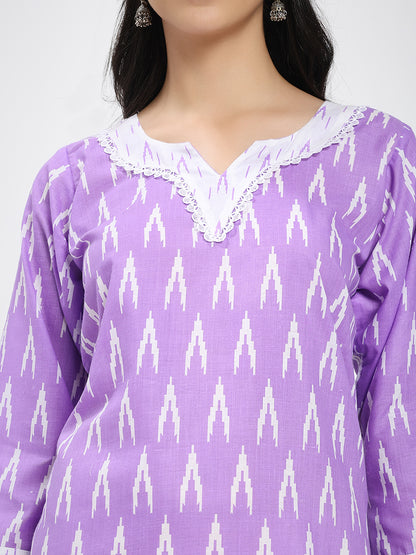 Lavender & White Cotton Ikat Printed Suit Set