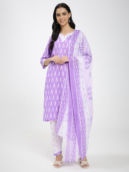 Lavender & White Cotton Ikat Printed Suit Set