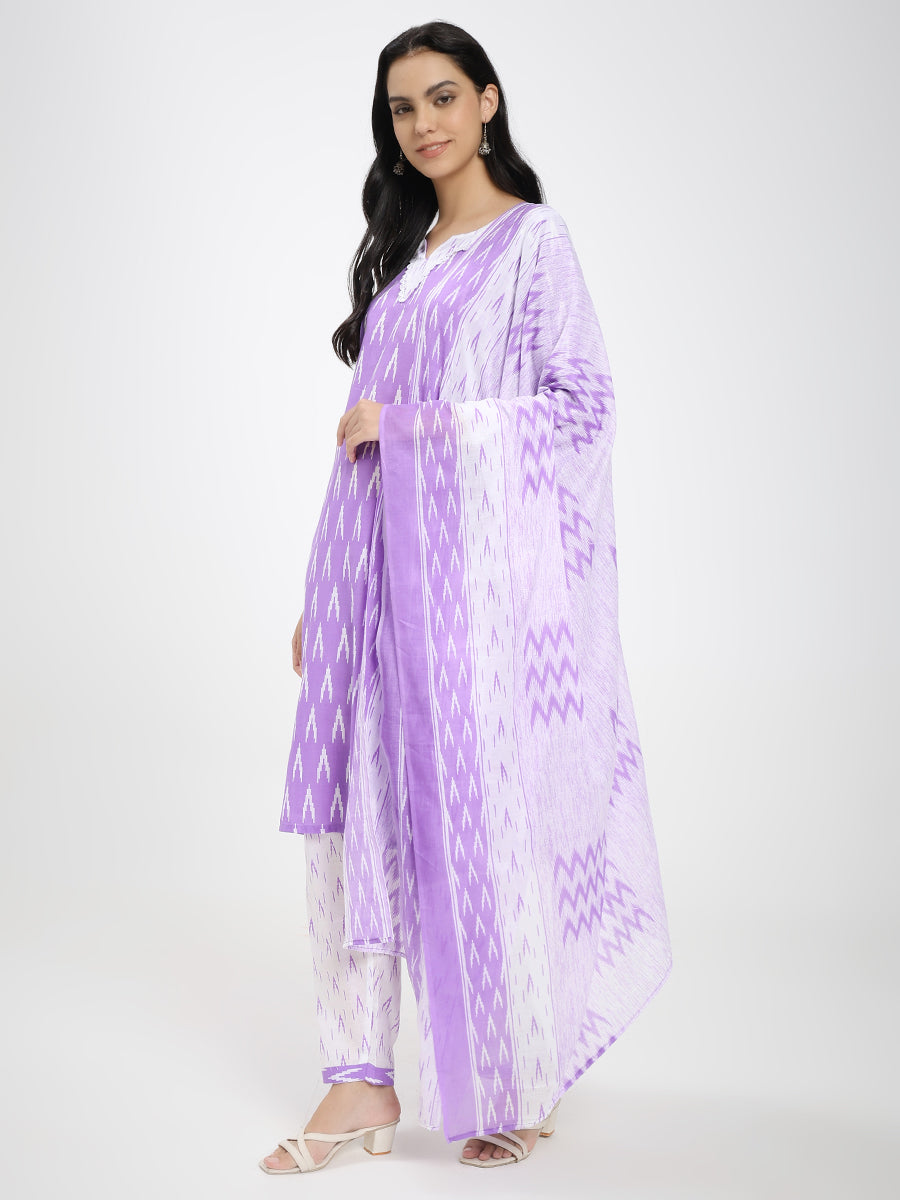 Lavender & White Cotton Ikat Printed Suit Set