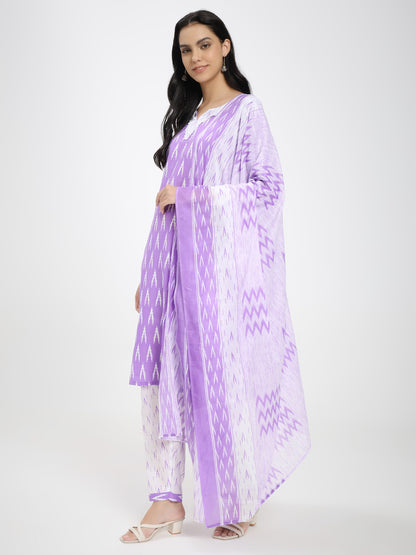 Lavender & White Cotton Ikat Printed Suit Set