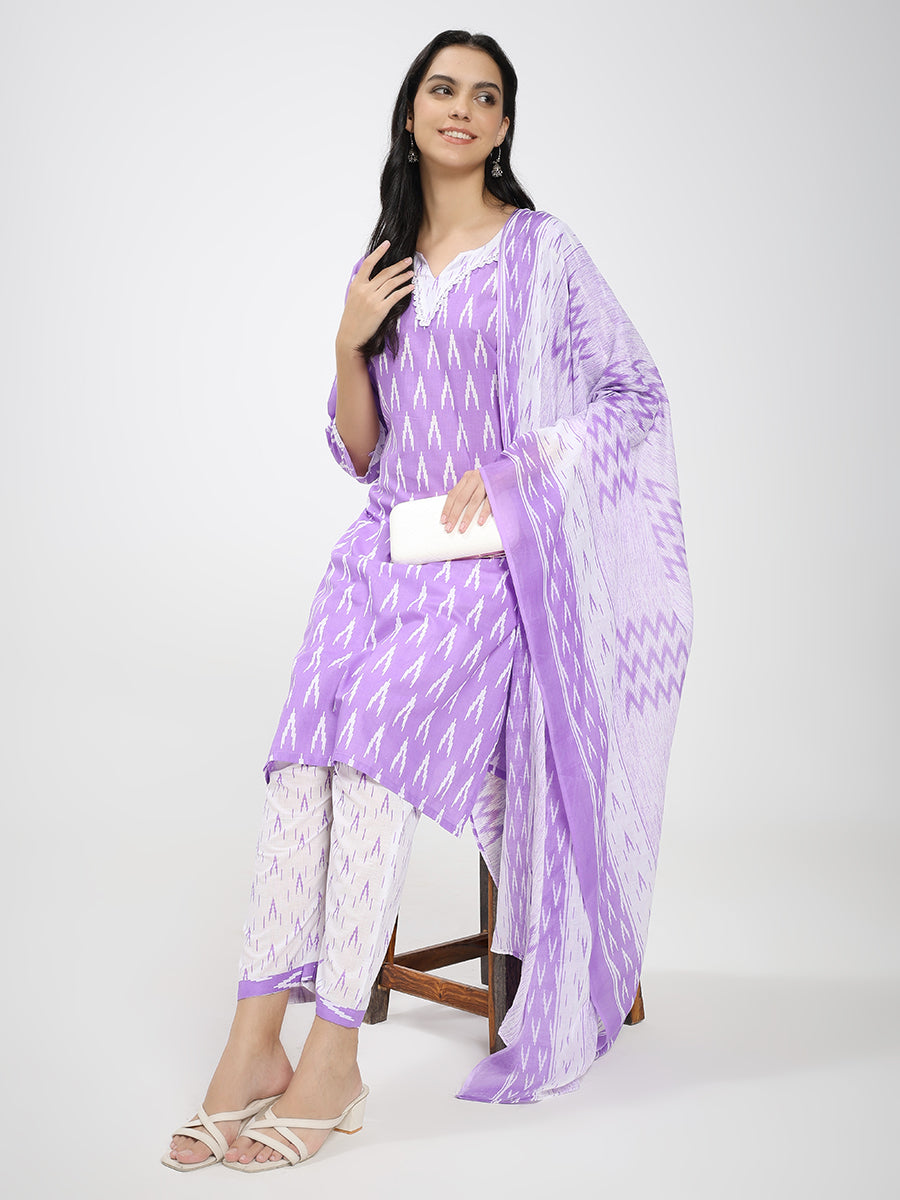Lavender & White Cotton Ikat Printed Suit Set