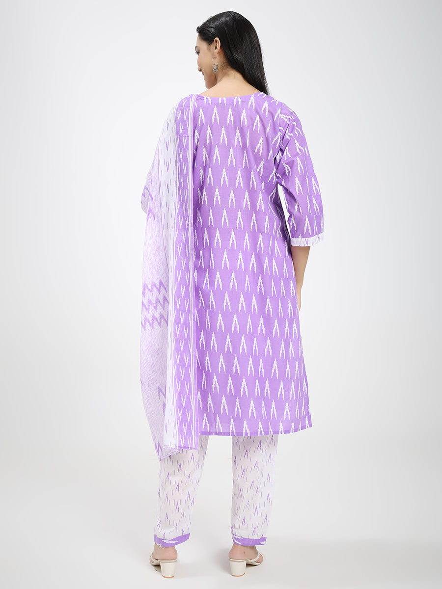 Lavender & White Cotton Ikat Printed Suit Set