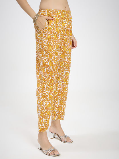 Yellow & White Cotton Printed Kurta Pant Dupatta Set