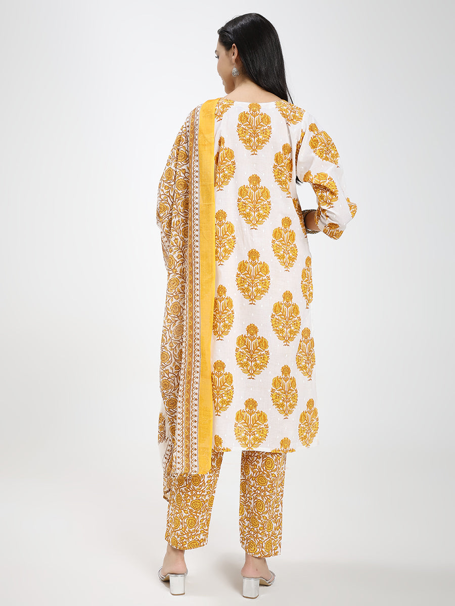 Yellow & White Cotton Printed Kurta Pant Dupatta Set
