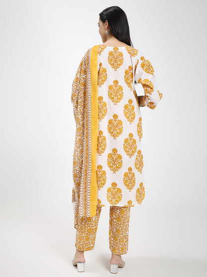 Yellow & White Cotton Printed Kurta Pant Dupatta Set