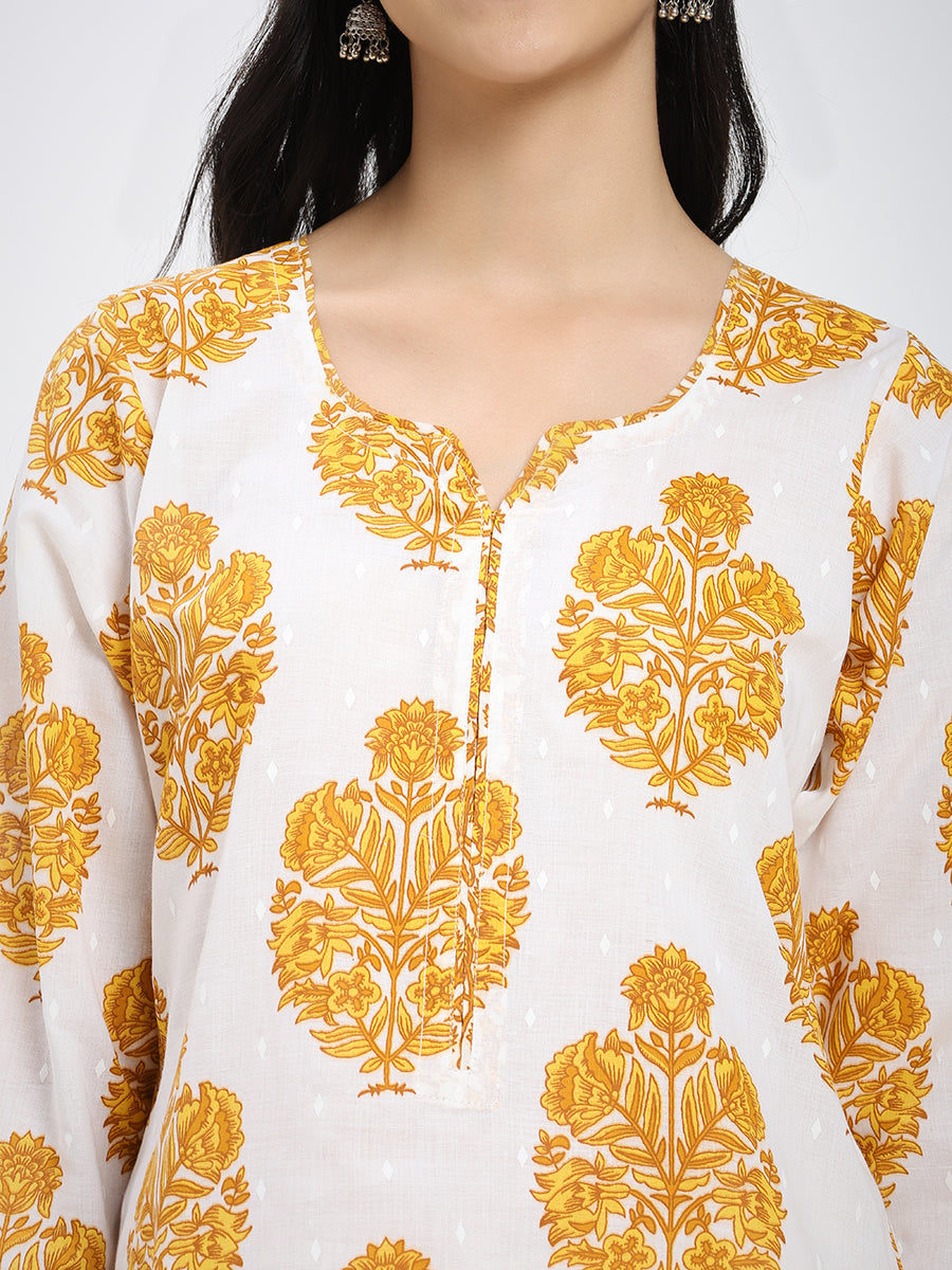 Yellow & White Cotton Printed Kurta Pant Dupatta Set