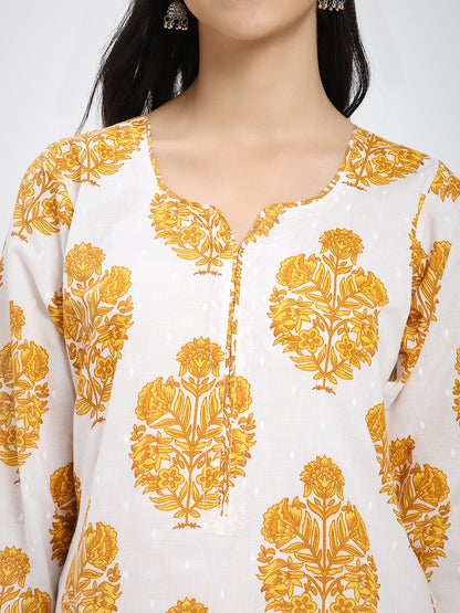 Yellow & White Cotton Printed Kurta Pant Dupatta Set